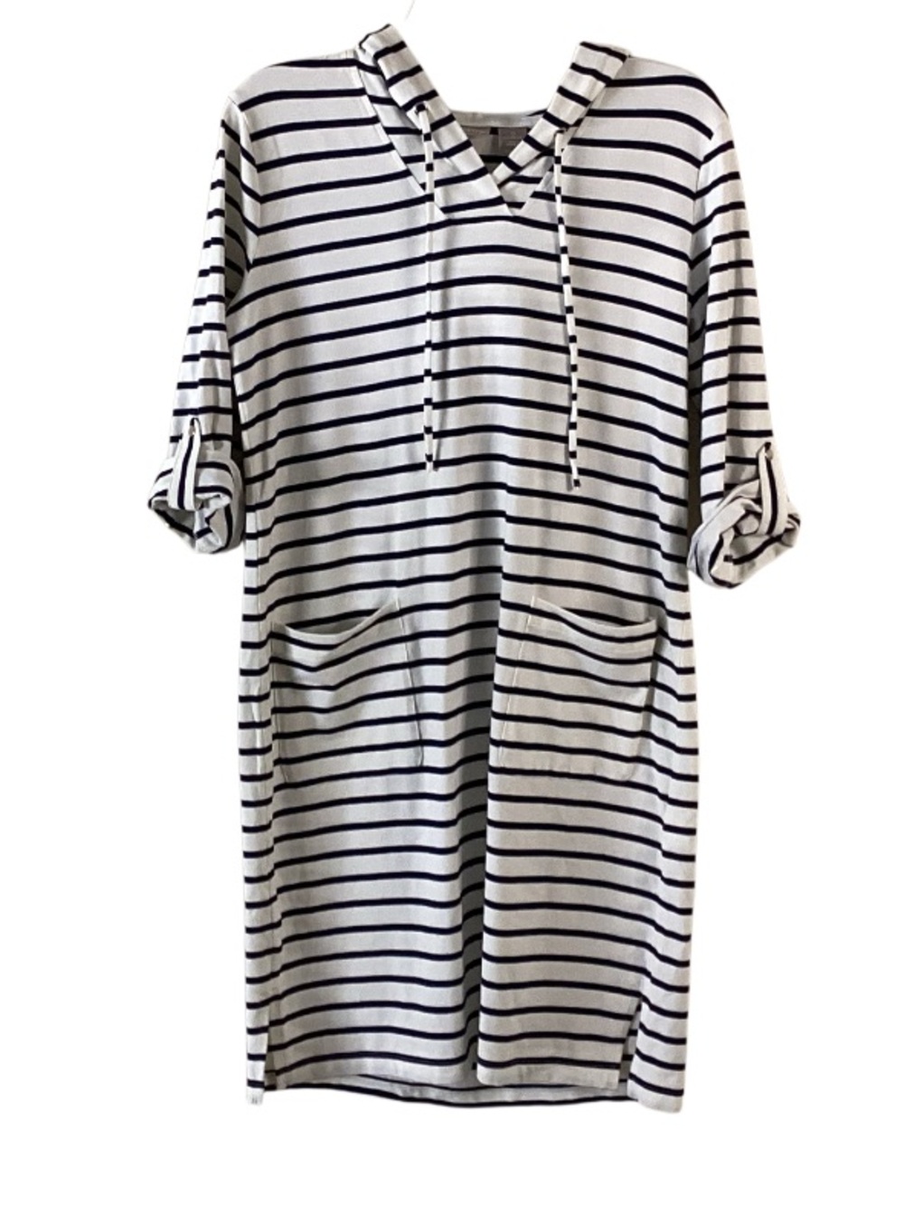 Chico's Striped Hooded Jersey Shift Dress in White Navy Small